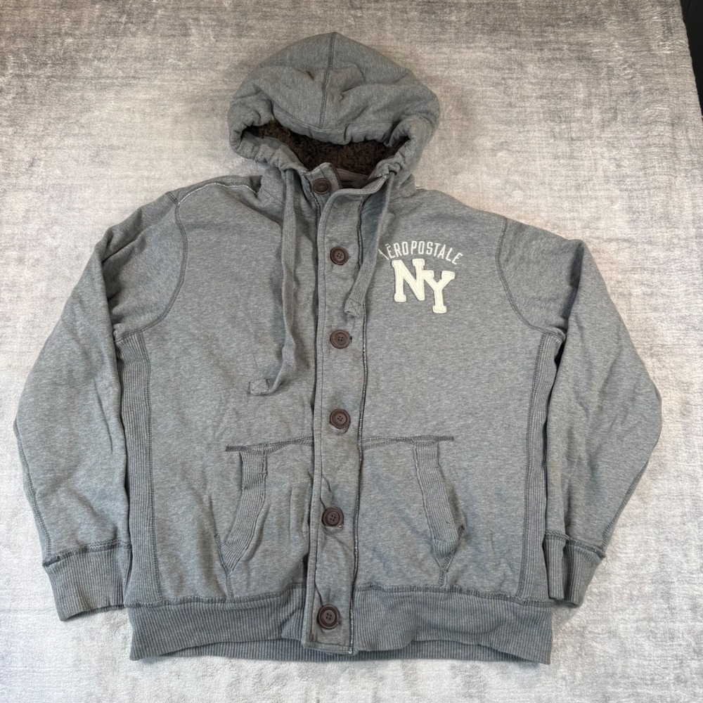 Aeropostale Sweatshirt Mens Large Gray Faux Fur Lined Full Zip NY Applique Y2K